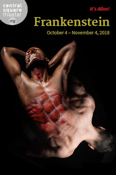 Frankenstein theater poster. Two male torsos, one black and one white, fused together. Some skin is translucent showing the underlying musculature and bones.